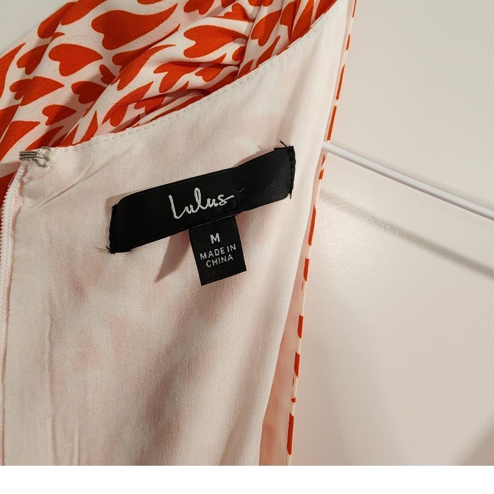 Lulus Orange White Heart Print Puff Sleeve V-Neck Midi Dress Size M Romantic - Picture 4 of 5